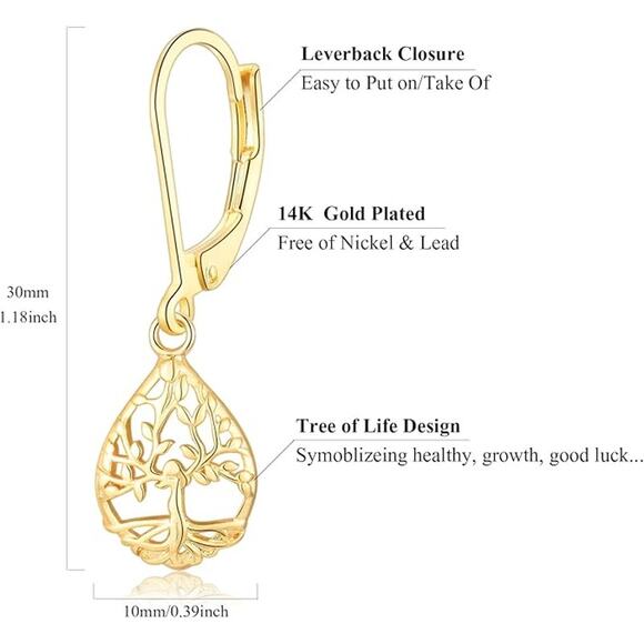 Gold Teardrop Leverback Dangle Tree of Life Earrings for Women - Picture 4 of 4